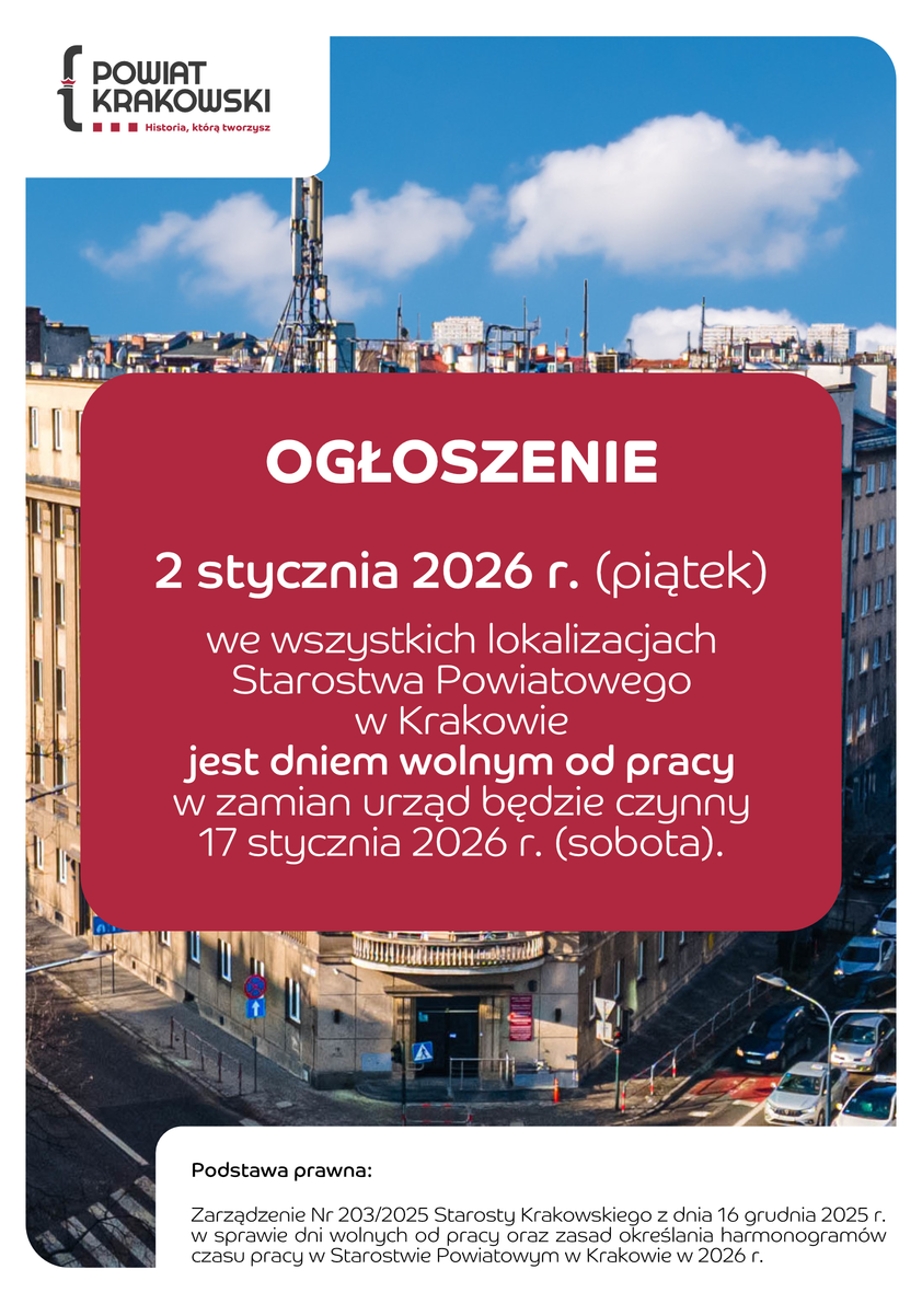 02.12.2026 r. Dzień wolny od pracy w Starostwie Powiatowym w Krakowie