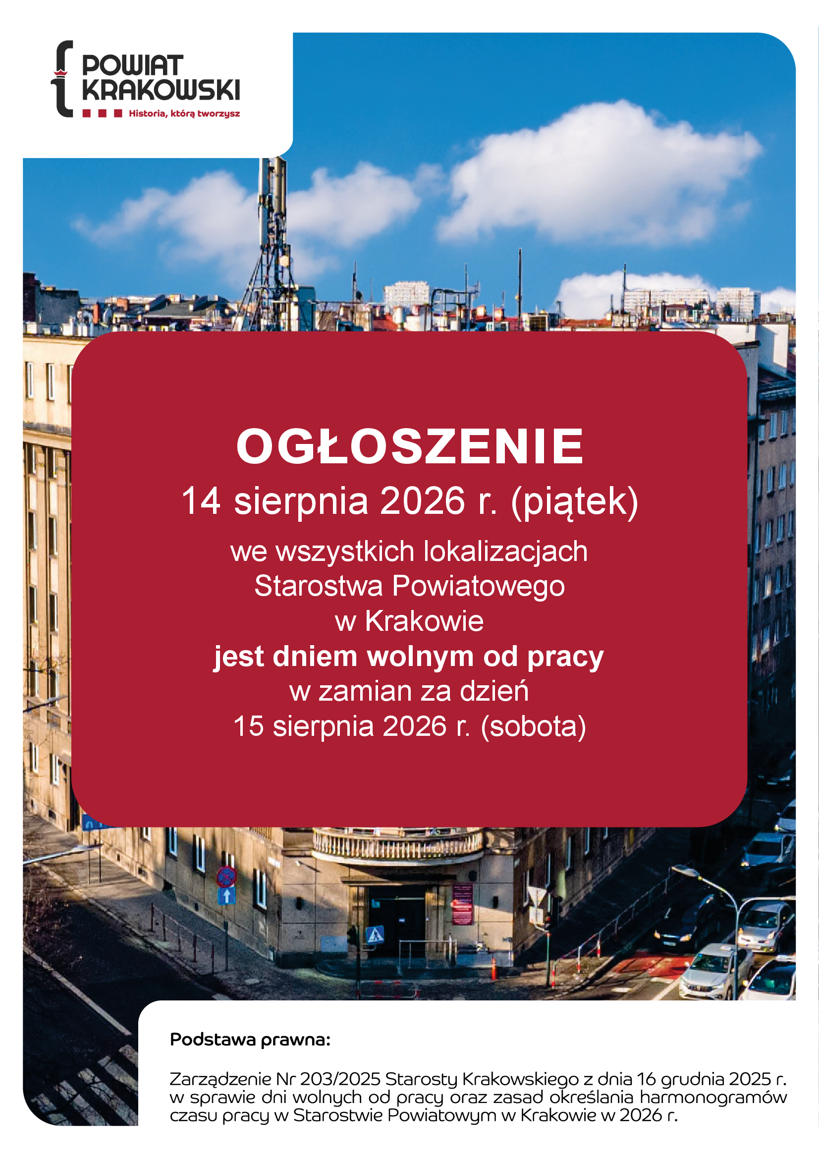 14.08.2026 r. dzień wolny od pracy w Starostwie Powiatowym w Krakowie